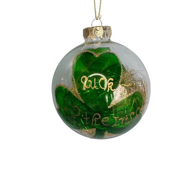 Luck of the Irish Blown Glass Ornament with Gold Tinsel & Green Shamrock 4” - Picture 2 of 6